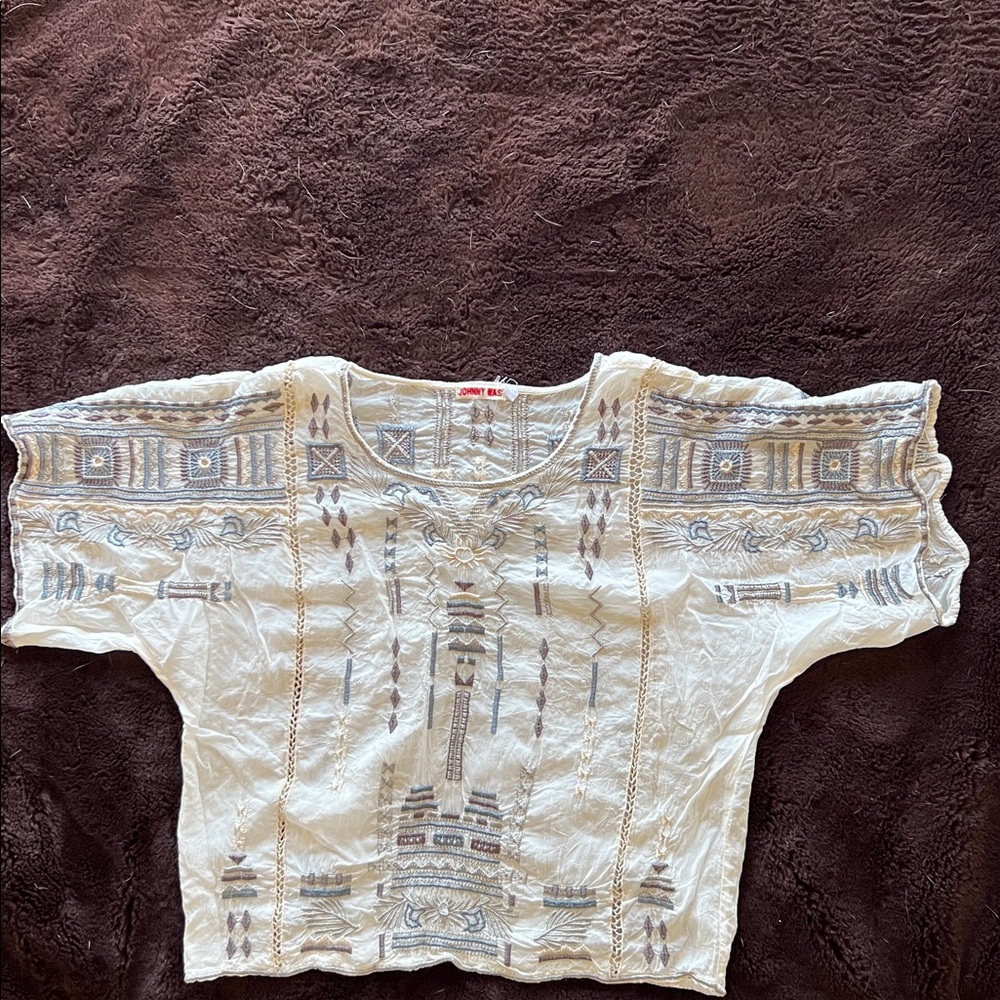 Johnny Was Ivory and Blues Embroidered Blouse